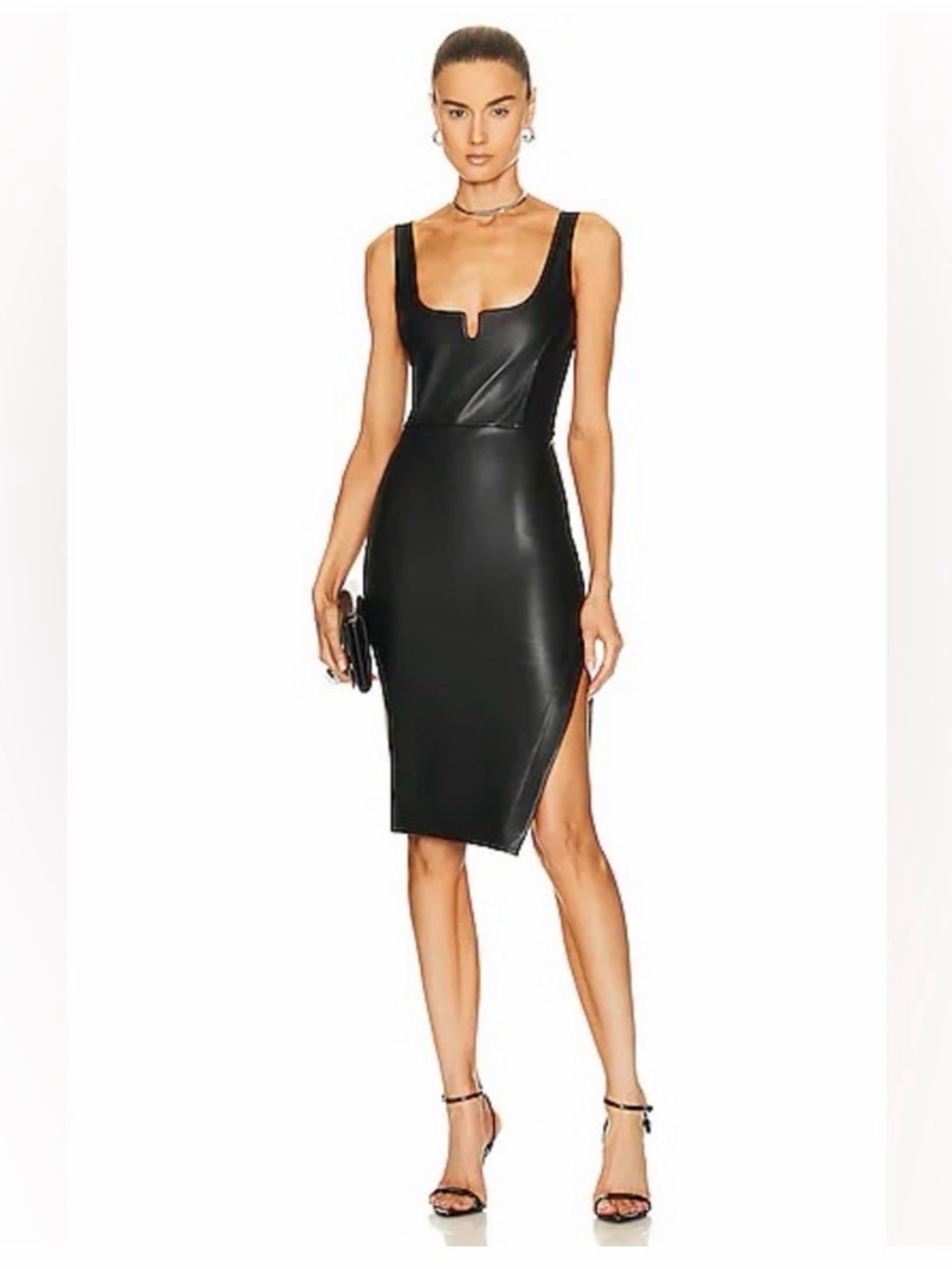 ALIX NYC Neve Midi Dress in Black Faux-Leather with Asymmetric Side Slit